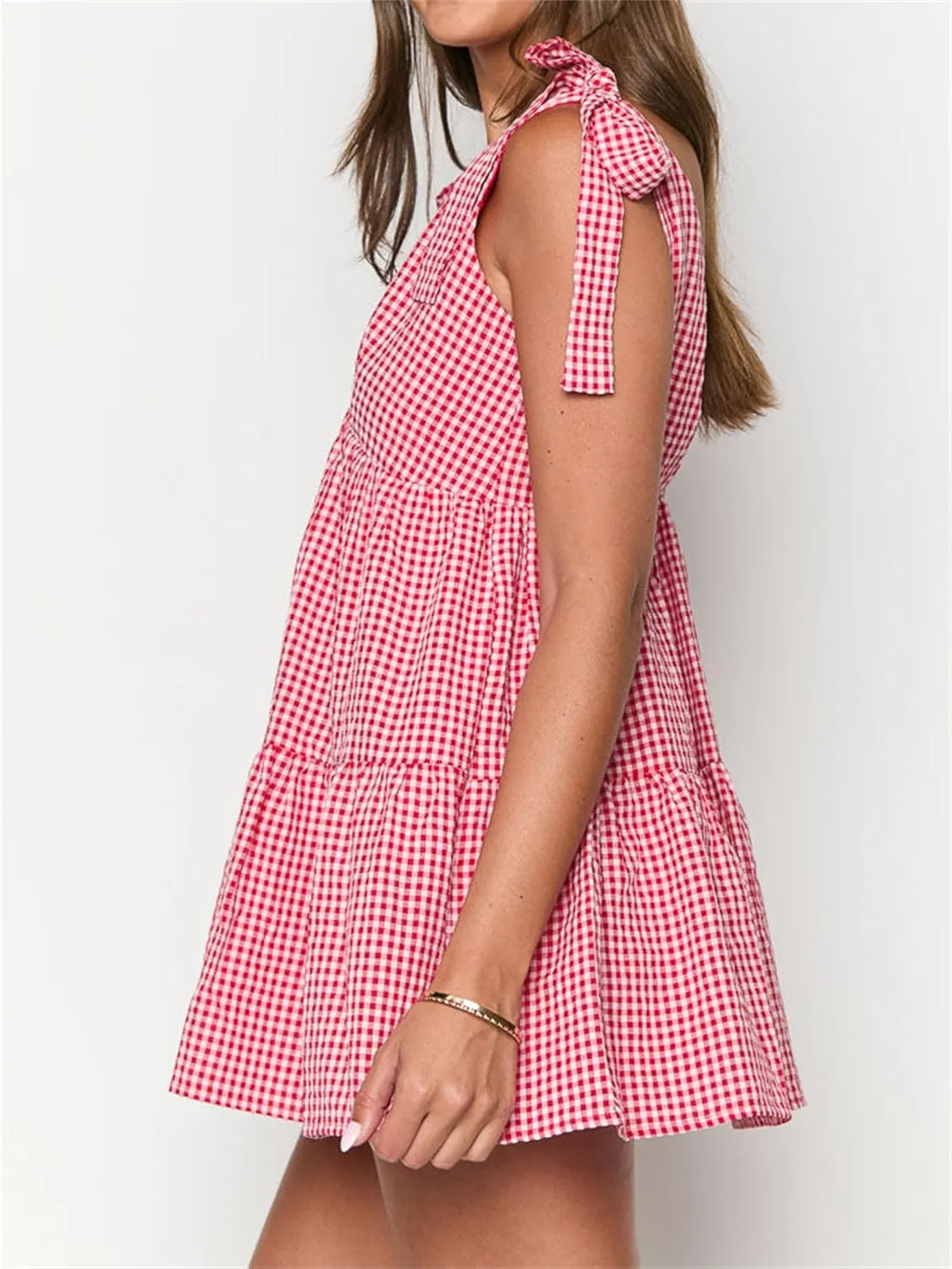 Women Summer Plaid Mini Dress Casual Y2k Gingham Spaghetti Strap Going Out Outfit Cute Flowy Swing Loose Fit Clubwear