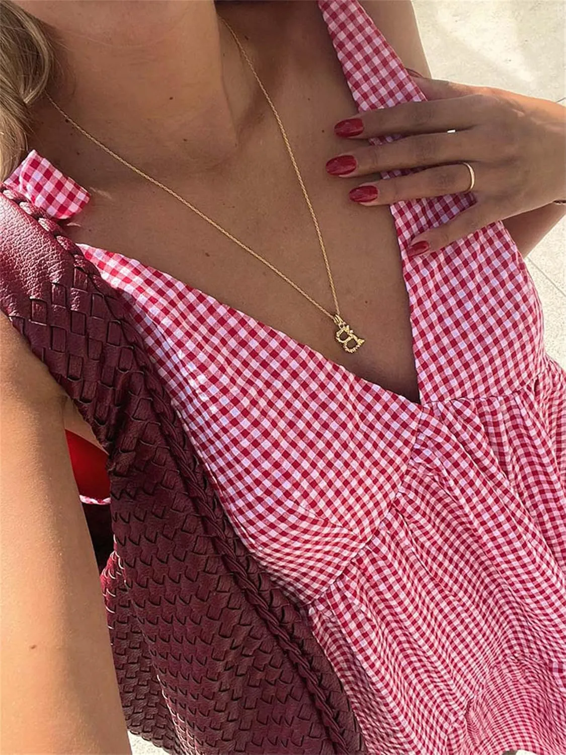 Women Summer Plaid Mini Dress Casual Y2k Gingham Spaghetti Strap Going Out Outfit Cute Flowy Swing Loose Fit Clubwear