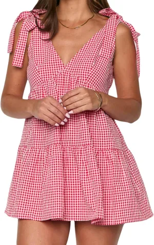 Women Summer Plaid Mini Dress Casual Y2k Gingham Spaghetti Strap Going Out Outfit Cute Flowy Swing Loose Fit Clubwear