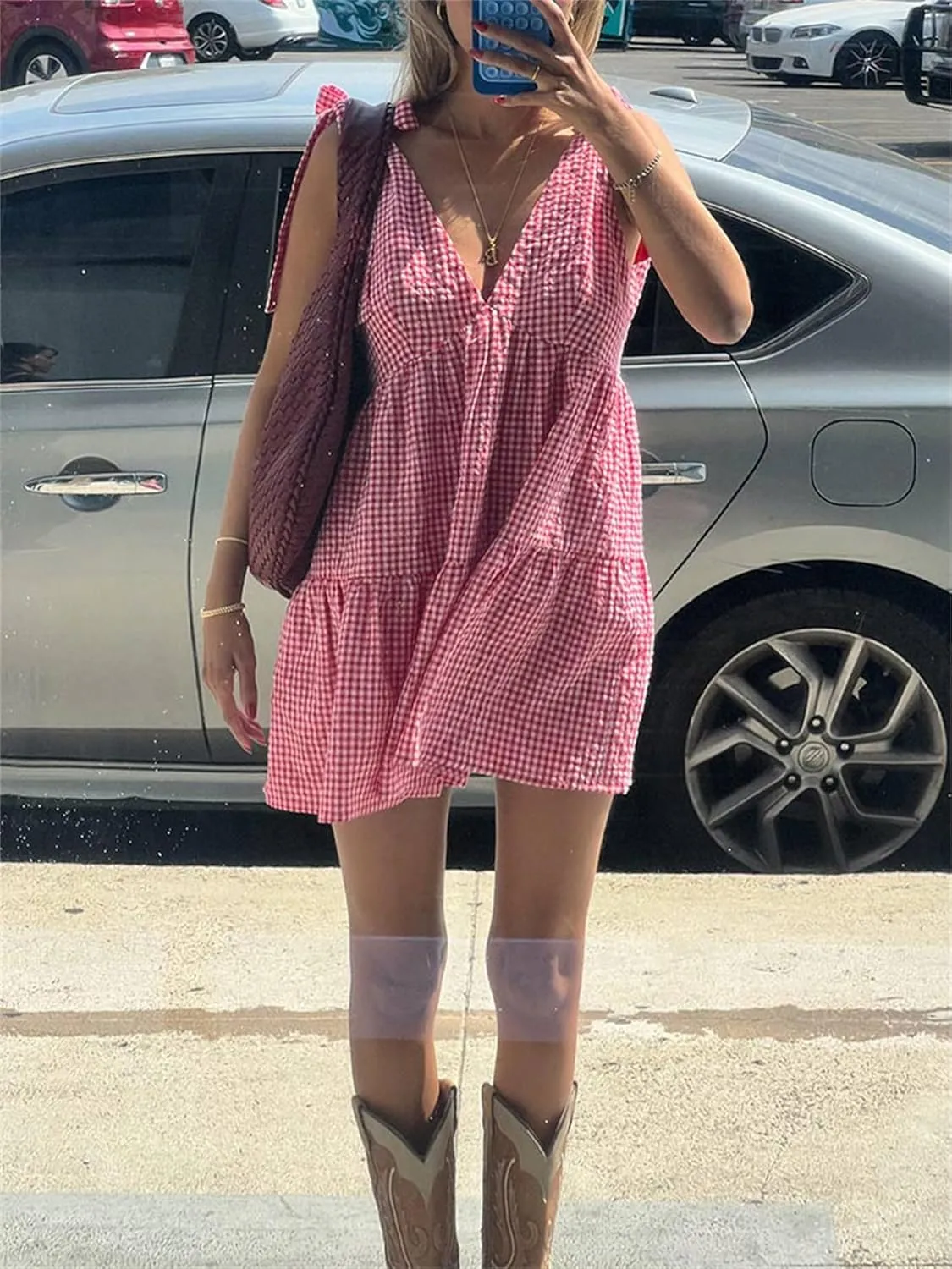 Women Summer Plaid Mini Dress Casual Y2k Gingham Spaghetti Strap Going Out Outfit Cute Flowy Swing Loose Fit Clubwear
