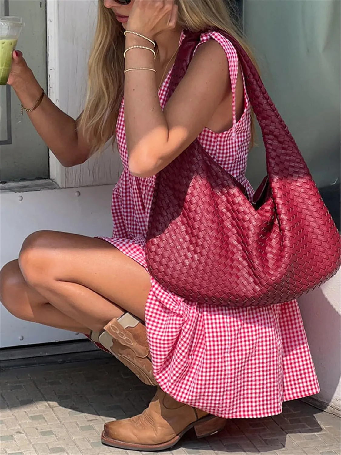 Women Summer Plaid Mini Dress Casual Y2k Gingham Spaghetti Strap Going Out Outfit Cute Flowy Swing Loose Fit Clubwear