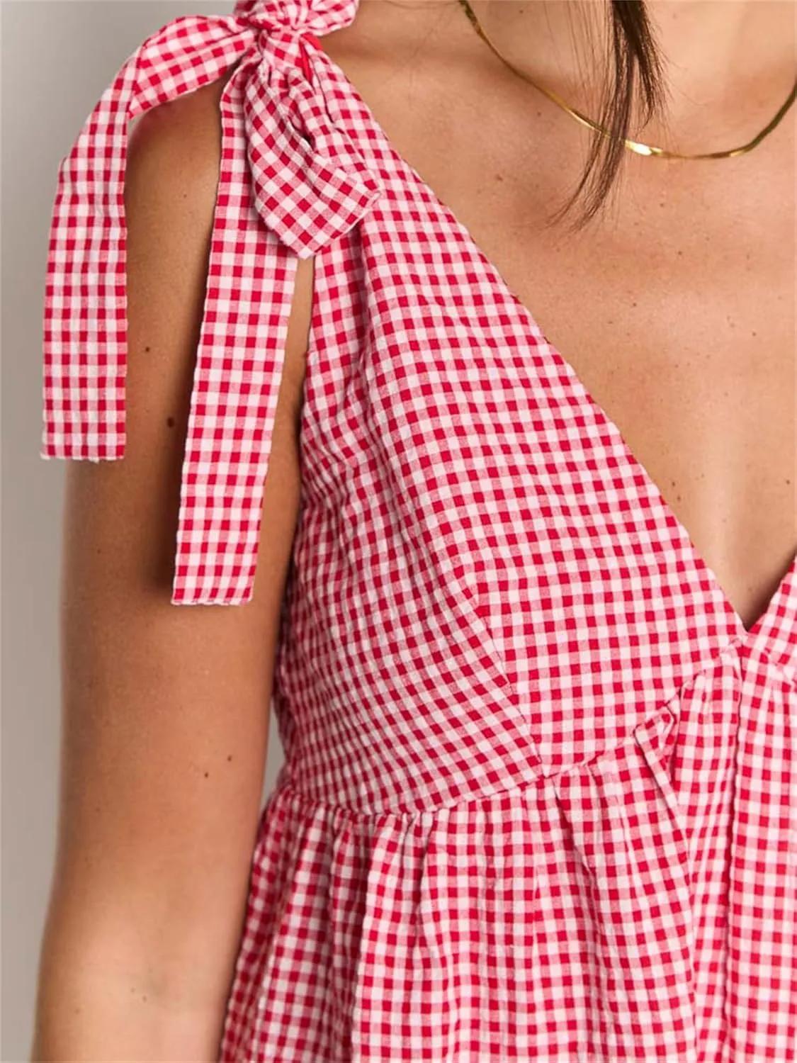 Women Summer Plaid Mini Dress Casual Y2k Gingham Spaghetti Strap Going Out Outfit Cute Flowy Swing Loose Fit Clubwear