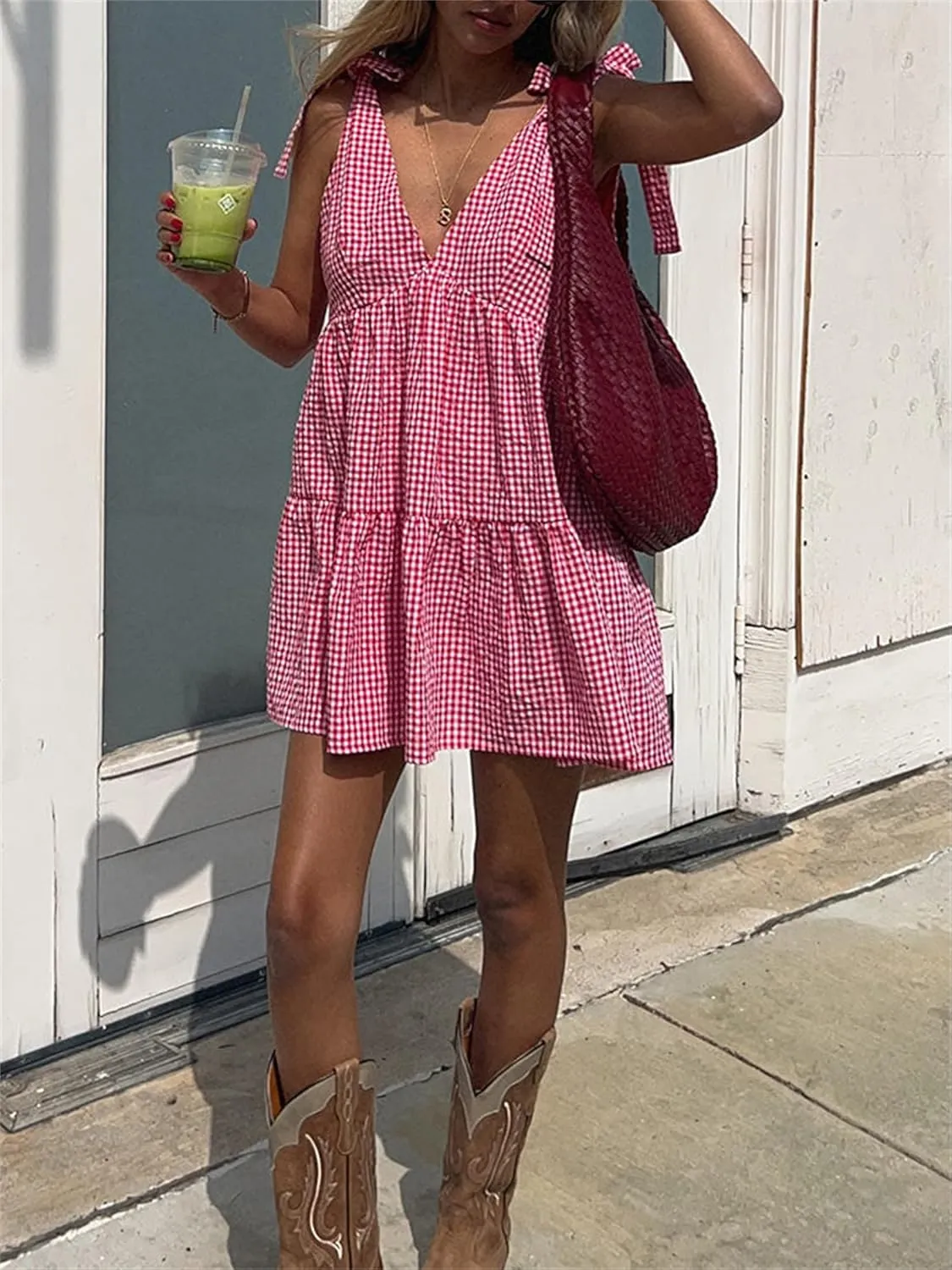 Women Summer Plaid Mini Dress Casual Y2k Gingham Spaghetti Strap Going Out Outfit Cute Flowy Swing Loose Fit Clubwear