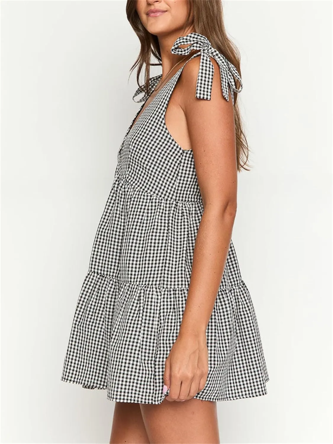 Women Summer Plaid Mini Dress Casual Y2k Gingham Spaghetti Strap Going Out Outfit Cute Flowy Swing Loose Fit Clubwear