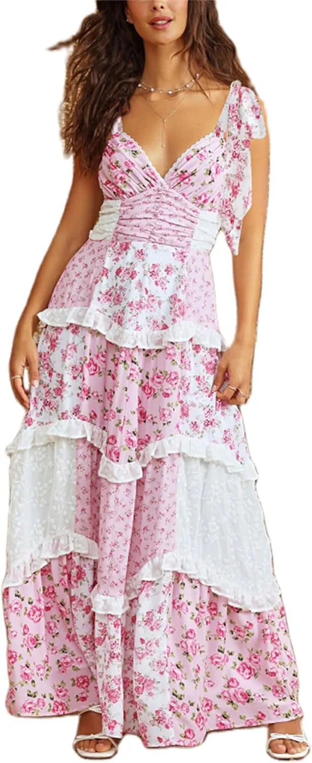 Women Tie Shoulder Boho Floral Maxi Dress Y2k Smocked Flowy Lace Sundress Spaghetti Strap Summer Long Beach Dress