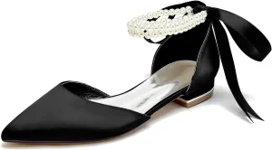 Women Wedding Satin Flats Pearls Shoes for Bride Pointed Toe Prom Evening Bridal Party Dress Flats 2.5Cm