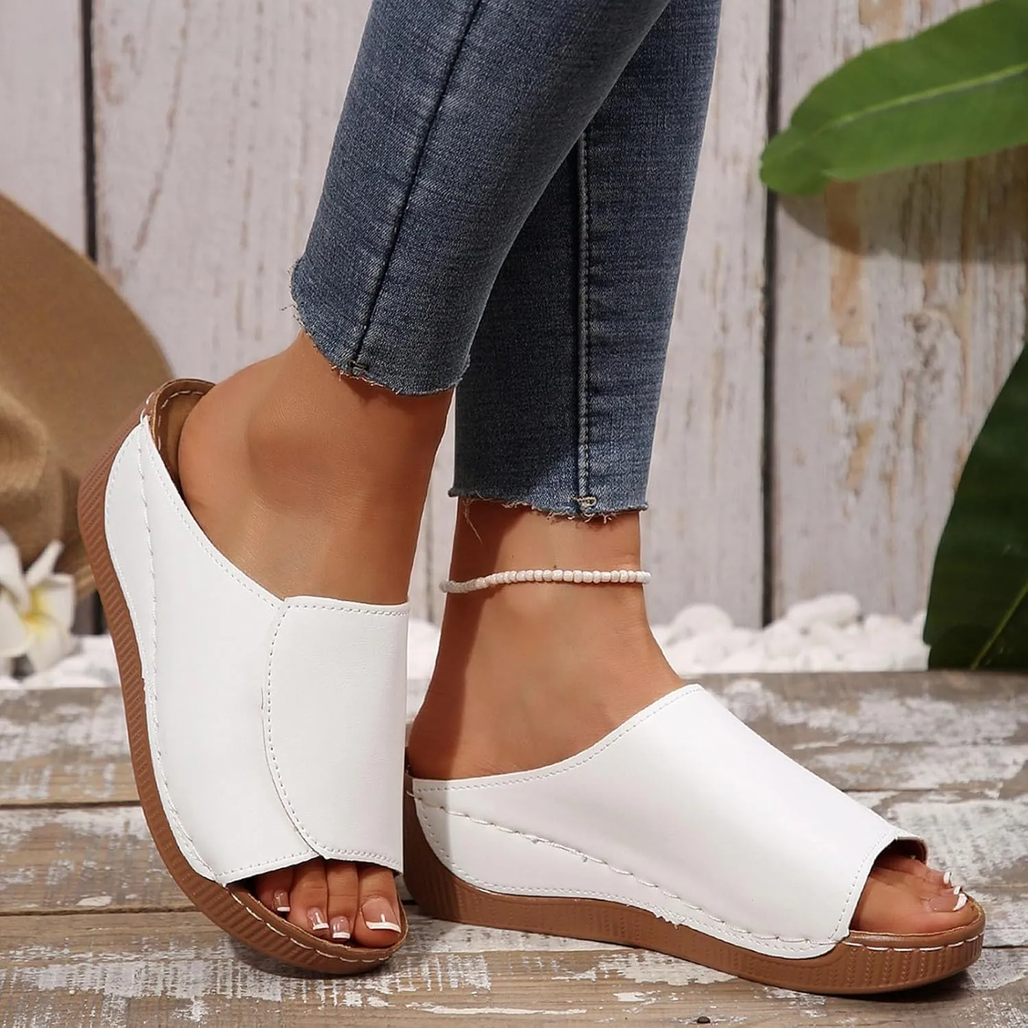 Women Width Wedge Sandals 2025 Spring Summer Shoes Breathable Summer Orthotic Leather Platform Wedge Sandals Slip on Women All Day Walking Casual Sandal