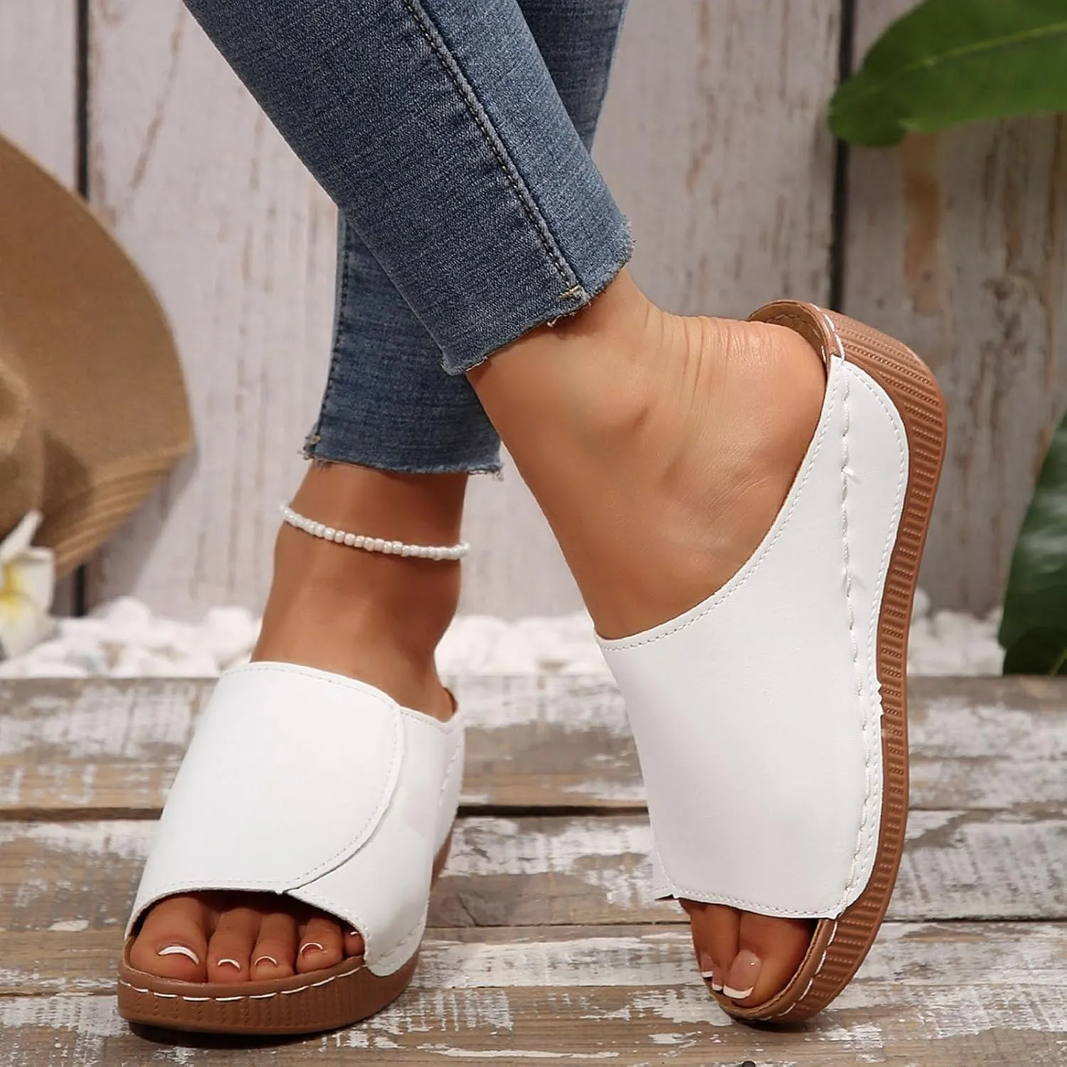 Women Width Wedge Sandals 2025 Spring Summer Shoes Breathable Summer Orthotic Leather Platform Wedge Sandals Slip on Women All Day Walking Casual Sandal
