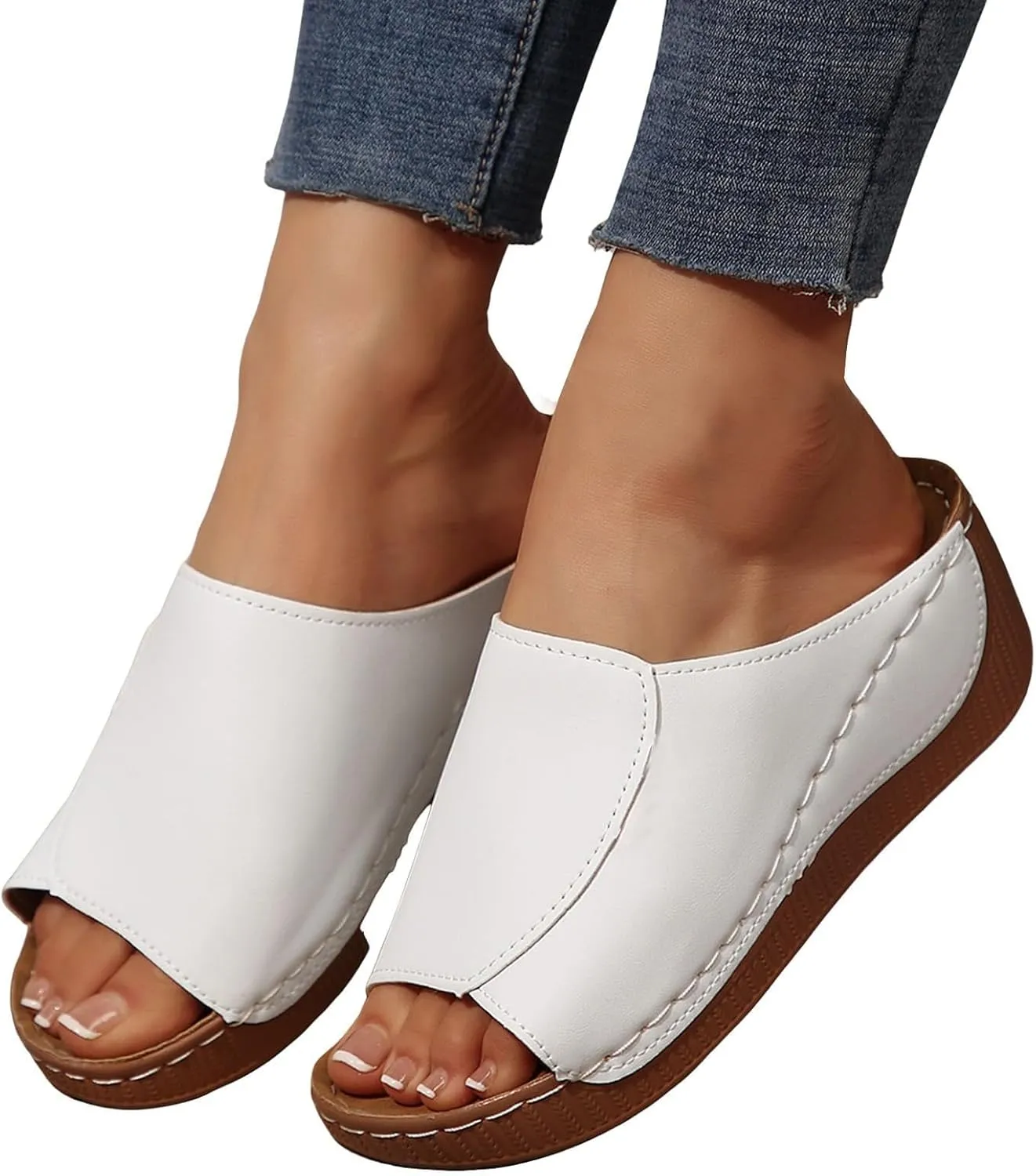 Women Width Wedge Sandals 2025 Spring Summer Shoes Breathable Summer Orthotic Leather Platform Wedge Sandals Slip on Women All Day Walking Casual Sandal
