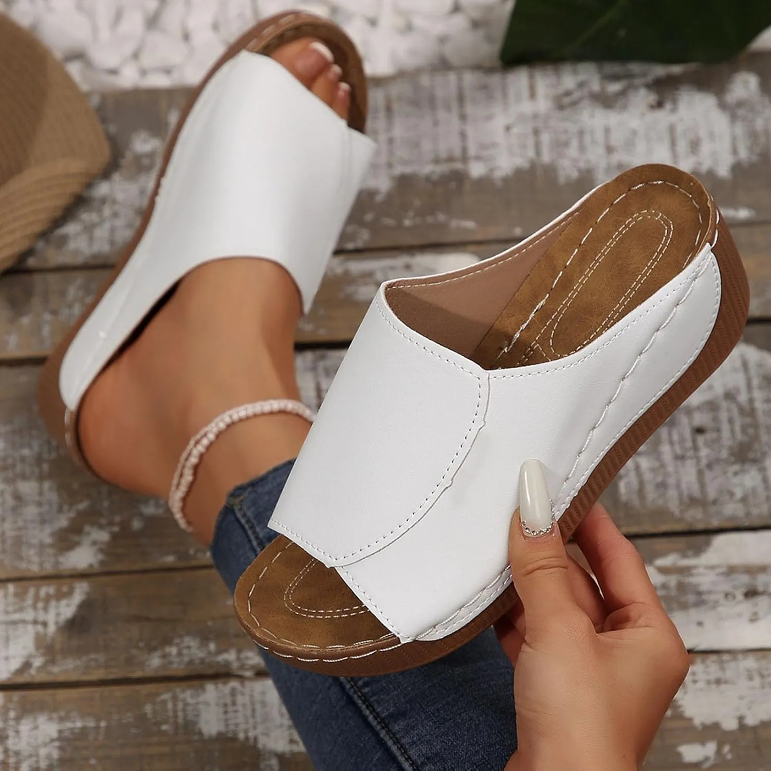 Women Width Wedge Sandals 2025 Spring Summer Shoes Breathable Summer Orthotic Leather Platform Wedge Sandals Slip on Women All Day Walking Casual Sandal