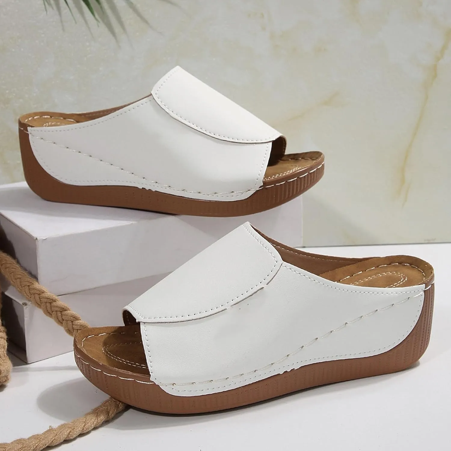 Women Width Wedge Sandals 2025 Spring Summer Shoes Breathable Summer Orthotic Leather Platform Wedge Sandals Slip on Women All Day Walking Casual Sandal