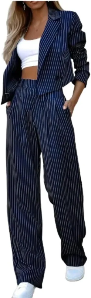 Women's 2 Piece Blazer Set Striped Cropped Blazers Jacket High Waist Wide Leg Work Pants Business Suit Outfits