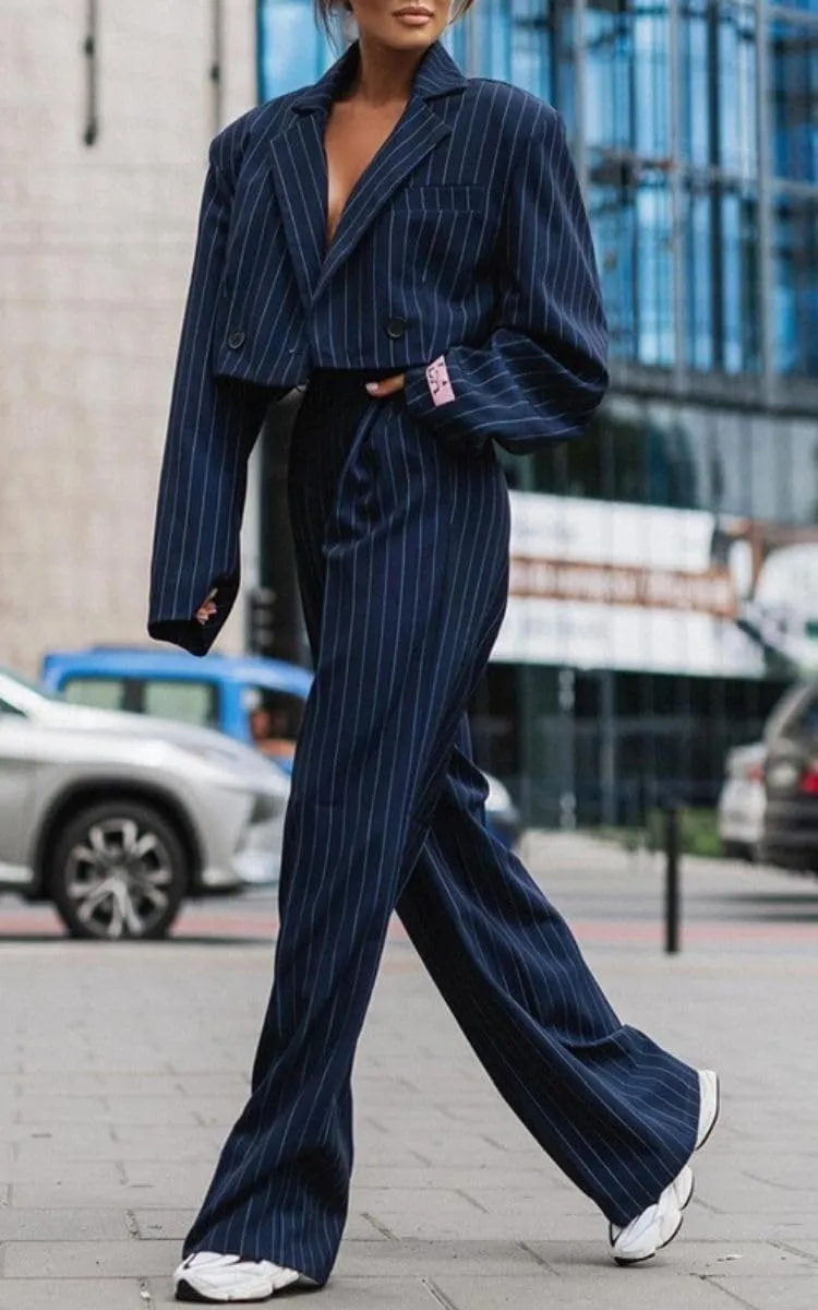 Women's 2 Piece Blazer Set Striped Cropped Blazers Jacket High Waist Wide Leg Work Pants Business Suit Outfits