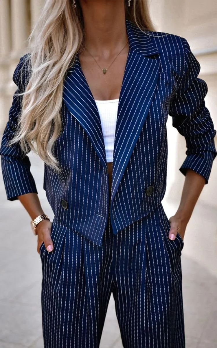 Women's 2 Piece Blazer Set Striped Cropped Blazers Jacket High Waist Wide Leg Work Pants Business Suit Outfits
