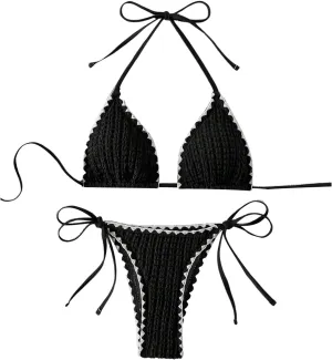 Women's 2 Piece Textured Halter String Bikini Sets Triangle Tie Side High Cut Bathing Suit Summer Beachwear