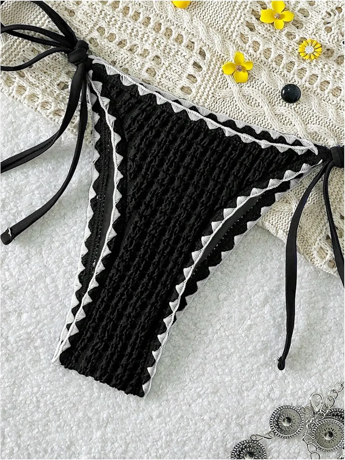 Women's 2 Piece Textured Halter String Bikini Sets Triangle Tie Side High Cut Bathing Suit Summer Beachwear