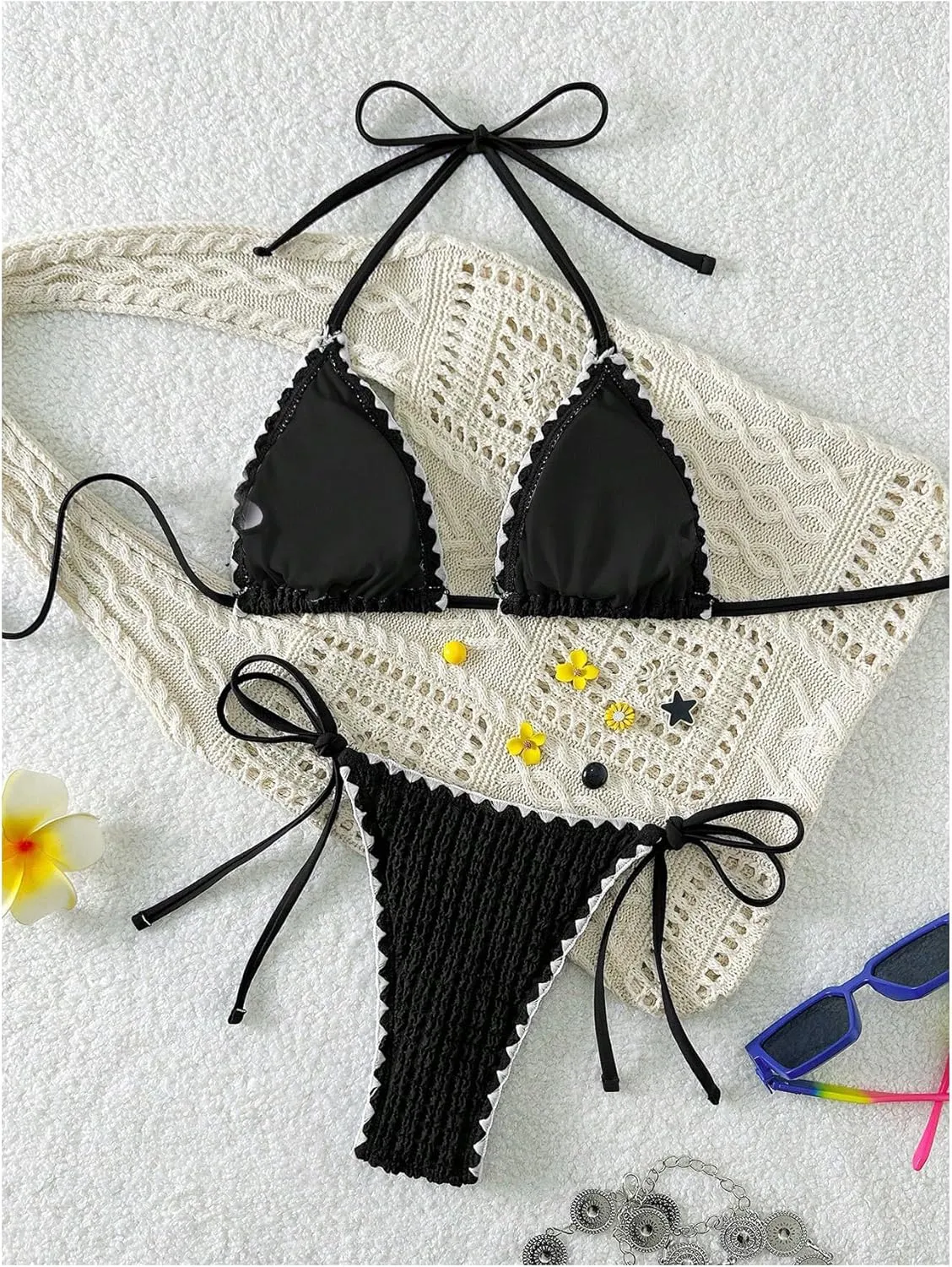 Women's 2 Piece Textured Halter String Bikini Sets Triangle Tie Side High Cut Bathing Suit Summer Beachwear
