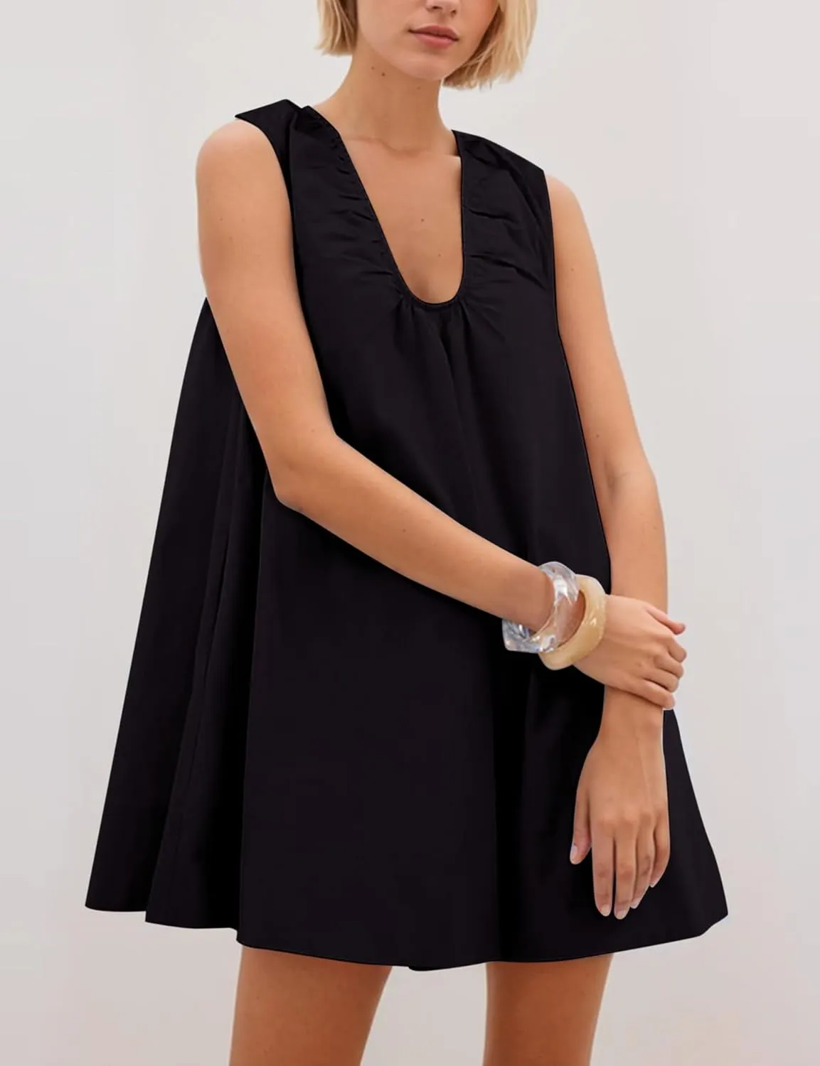Womens Babydoll Dress Summer Sleeveless Loose Fit Scoop Neck Ruched Short Dress with Pockets Mini Tank Beach