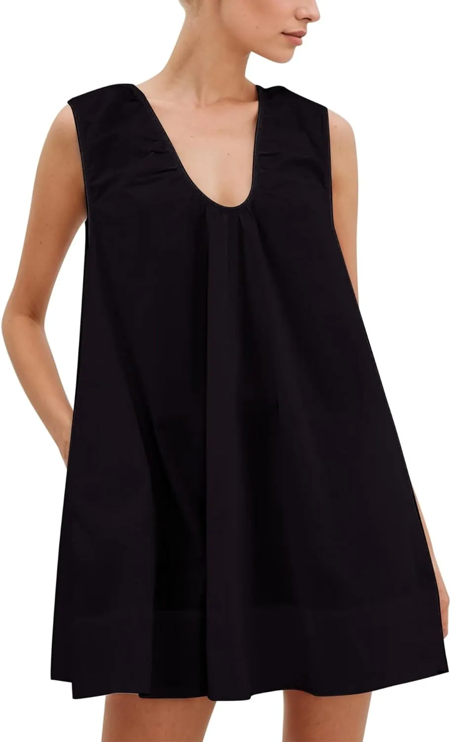 Womens Babydoll Dress Summer Sleeveless Loose Fit Scoop Neck Ruched Short Dress with Pockets Mini Tank Beach