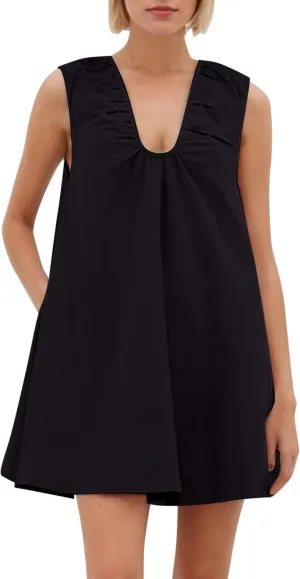 Womens Babydoll Dress Summer Sleeveless Loose Fit Scoop Neck Ruched Short Dress with Pockets Mini Tank Beach