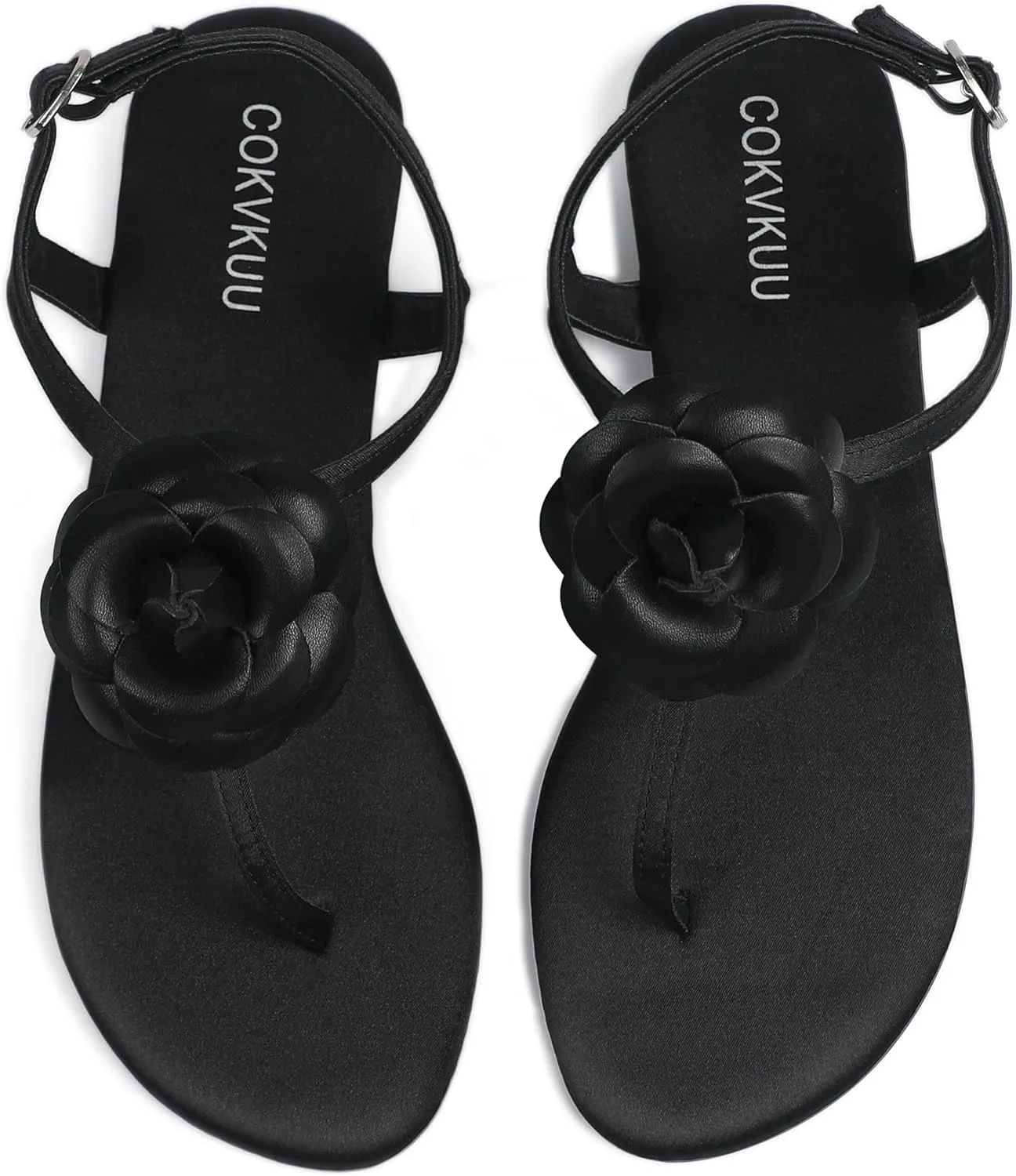 Women's Black Satin Floral Sandals with T-Strap, Herringbone Sole Fashionable and comfortable satin sandals for beach party shopping