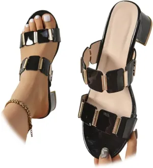 Women's Block Low Heel Slide Sandals Sparkly Metallic Sexy Open Toe Comfy Heeled Dress Sandal
