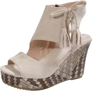 Women's Bohemia Tassel Wedge Platform Sandals Toe Lace Up Summer Straw Chunky High Heel Shoes for Boys with Straps