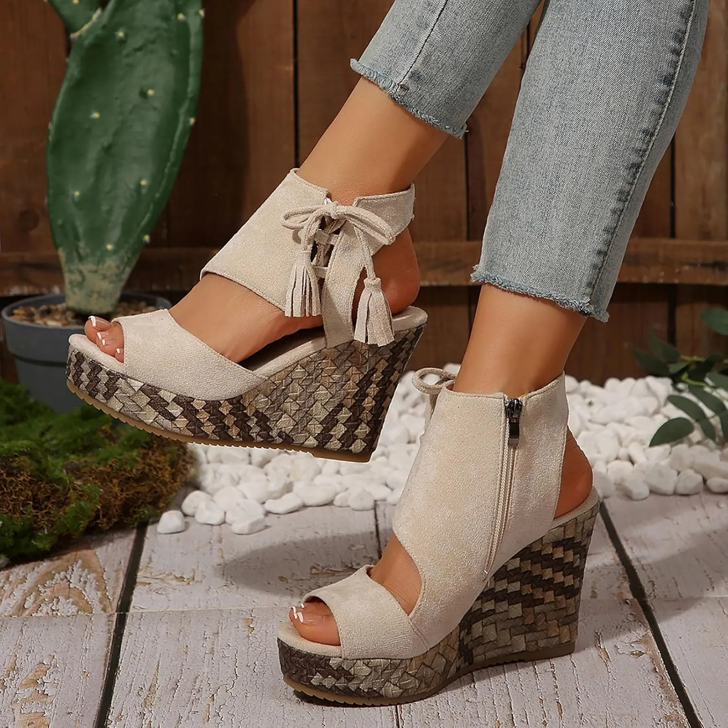 Women's Bohemia Tassel Wedge Platform Sandals Toe Lace Up Summer Straw Chunky High Heel Shoes for Boys with Straps