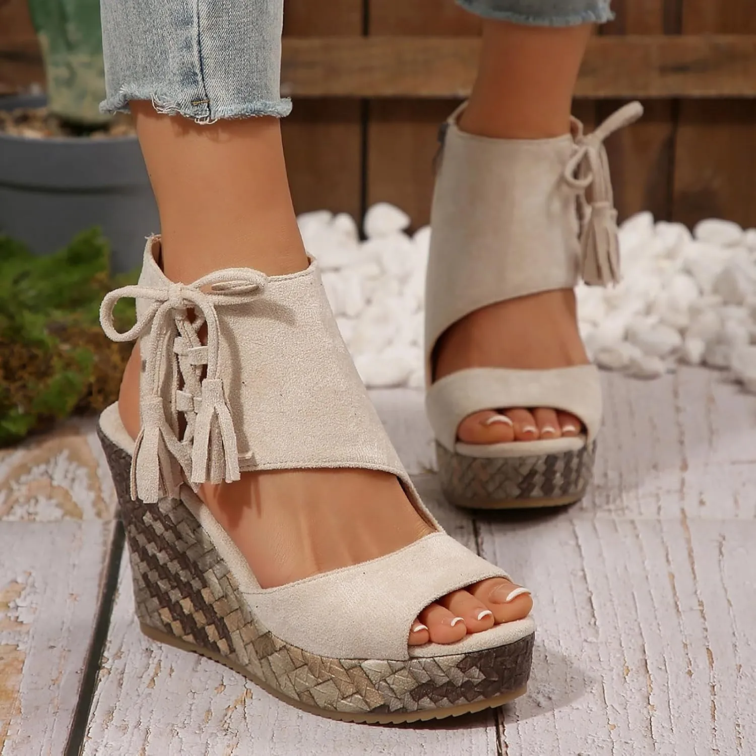 Women's Bohemia Tassel Wedge Platform Sandals Toe Lace Up Summer Straw Chunky High Heel Shoes for Boys with Straps