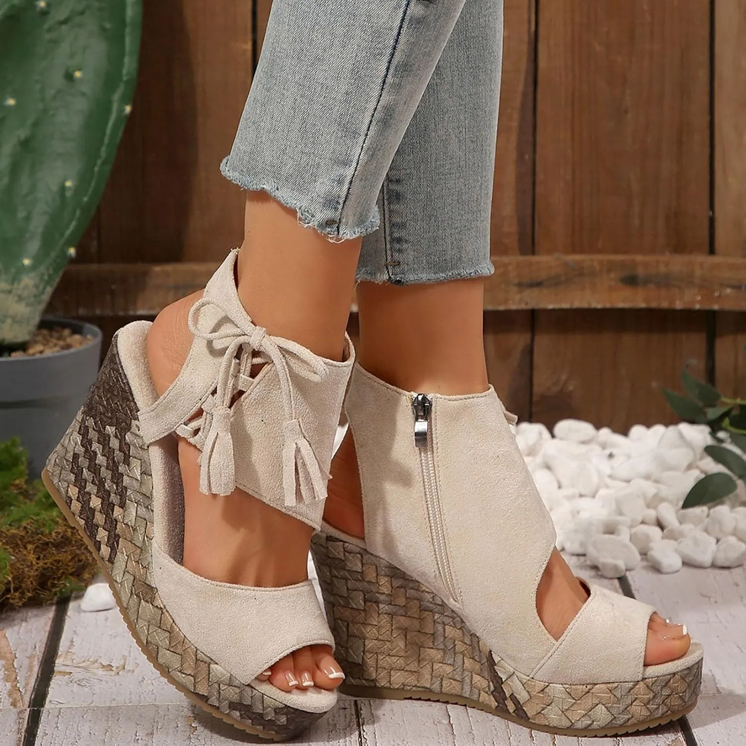 Women's Bohemia Tassel Wedge Platform Sandals Toe Lace Up Summer Straw Chunky High Heel Shoes for Boys with Straps