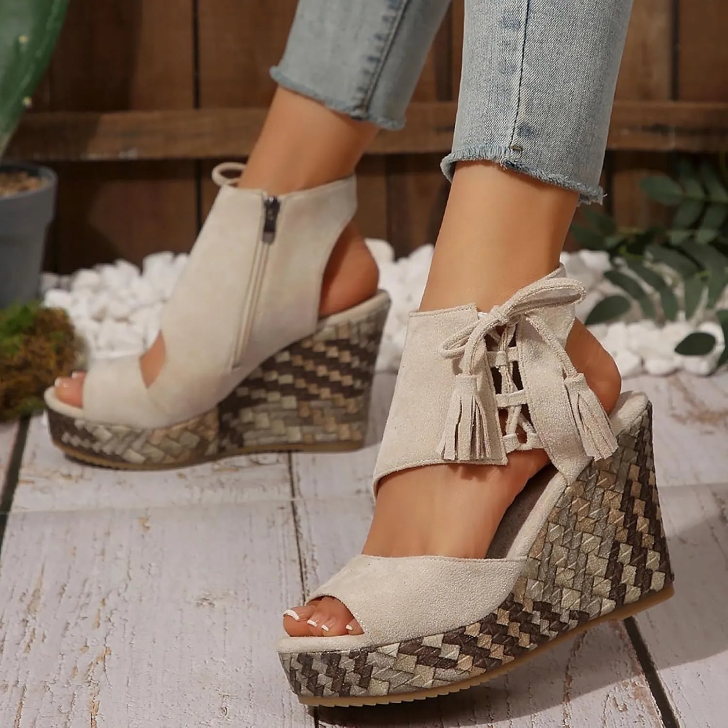 Women's Bohemia Tassel Wedge Platform Sandals Toe Lace Up Summer Straw Chunky High Heel Shoes for Boys with Straps