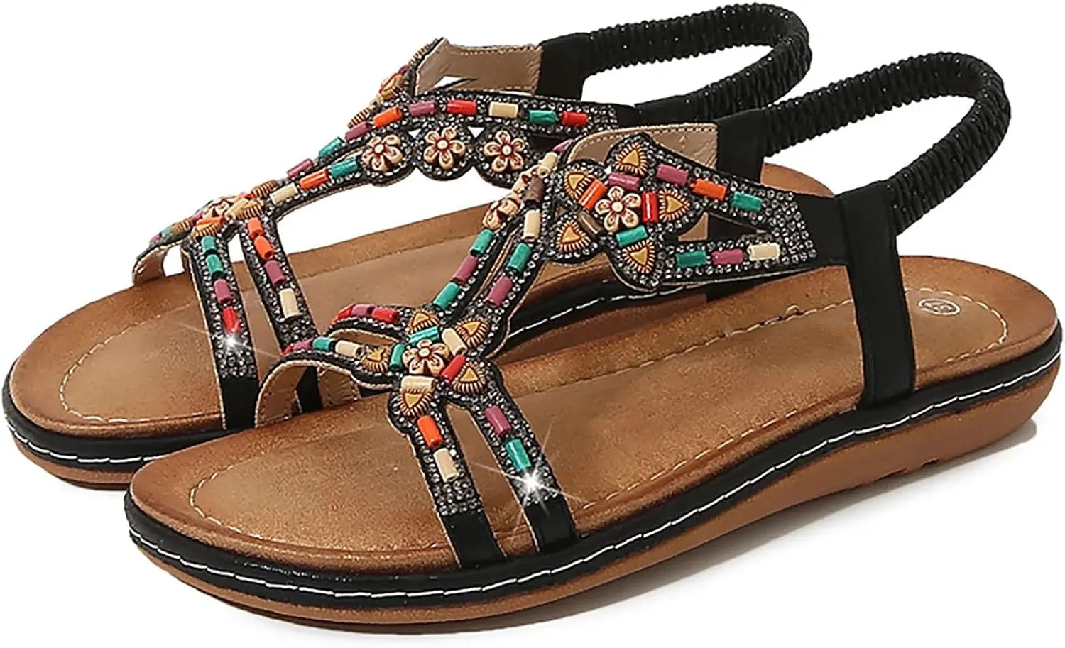 Women's Bohemian Flat Sandals Rhinestone Beads Casual Sandals Plus Size Platform Beach Shoes