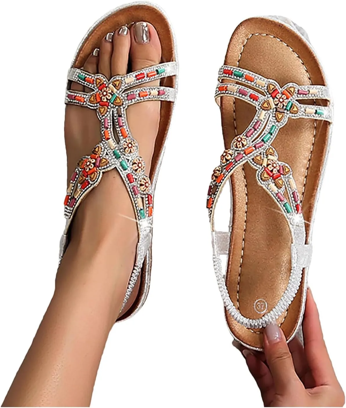 Women's Bohemian Flat Sandals Rhinestone Beads Casual Sandals Plus Size Platform Beach Shoes