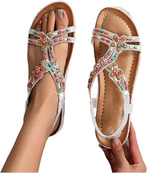 Women's Bohemian Flat Sandals Rhinestone Beads Casual Sandals Plus Size Platform Beach Shoes