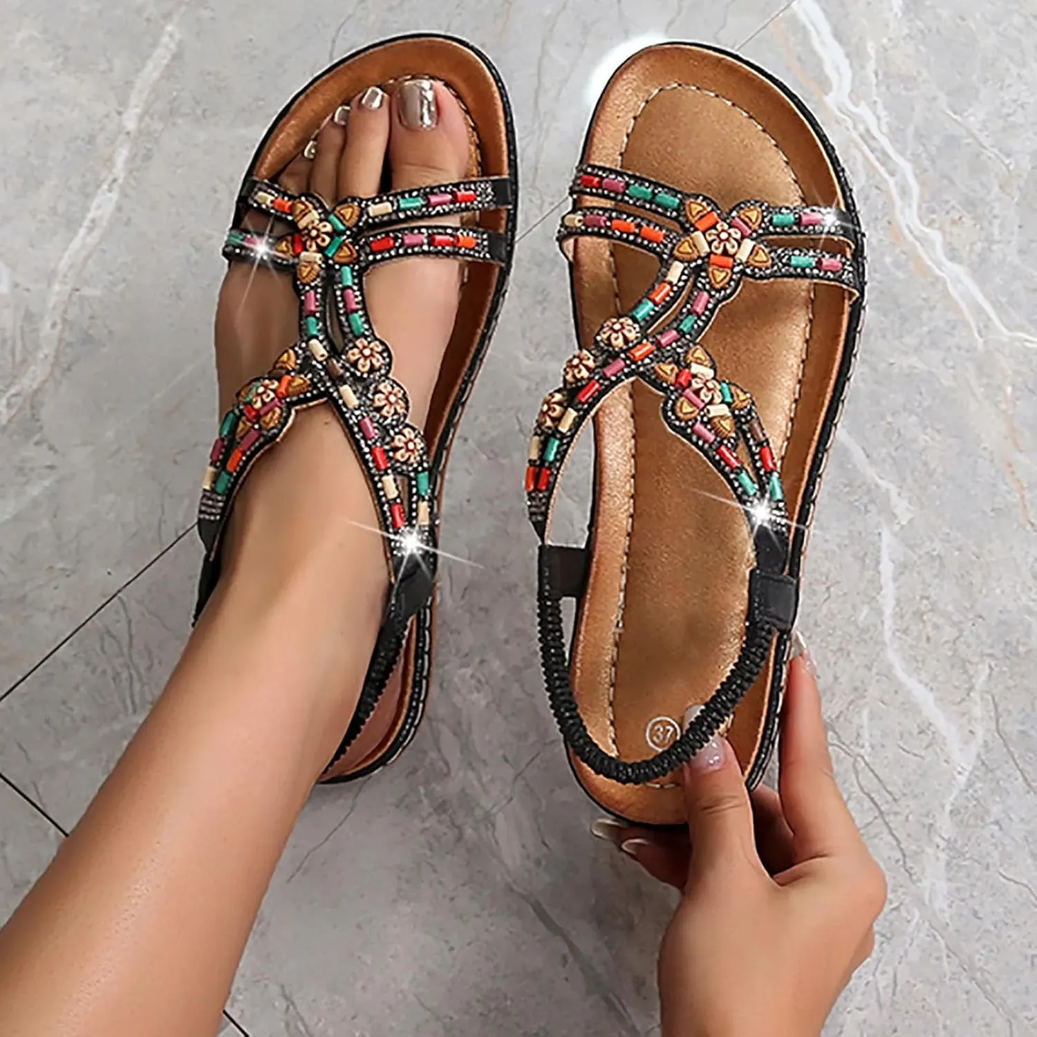 Women's Bohemian Flat Sandals Rhinestone Beads Casual Sandals Plus Size Platform Beach Shoes