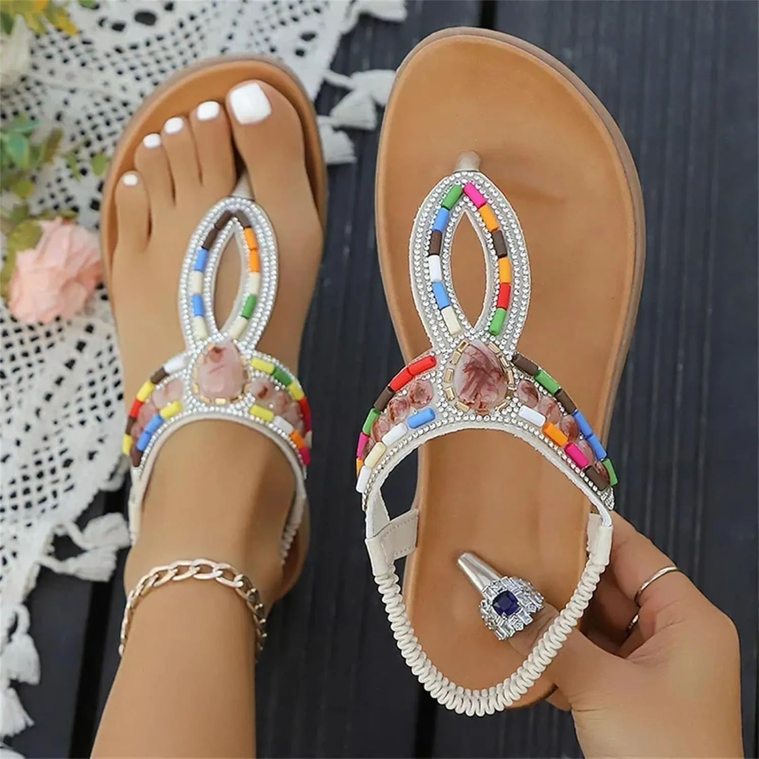 Women's Bohemian Sandals Comfortable Beaded Clip Toe Flat Heels Soft Beach Plus Size Sandalias Shoes