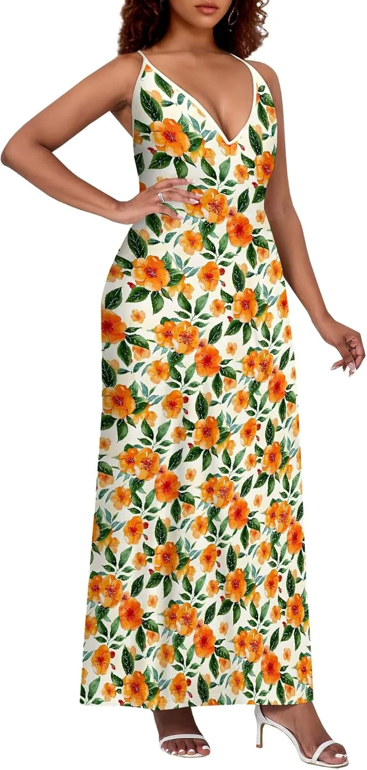 Women's Boho Ankle-Length Spaghetti Strap Sexy V-Neck Maxi Dress Summer Beach Vacation Cocktail Party Dress XS-3XL