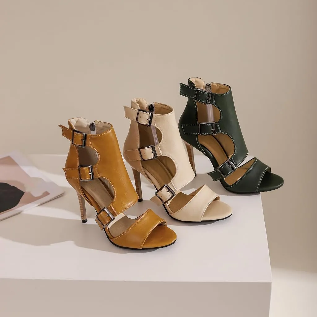 Women's Buckle Ankle Strappy Dressy Heeled Sandals Open Toe Gladiator Side Zip Stilettos High Heel Party Sandal