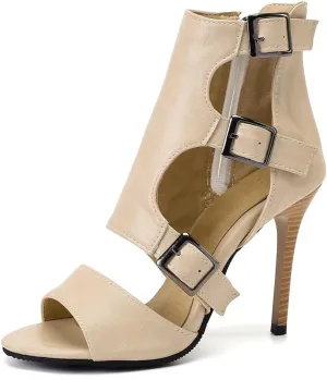 Women's Buckle Ankle Strappy Dressy Heeled Sandals Open Toe Gladiator Side Zip Stilettos High Heel Party Sandal