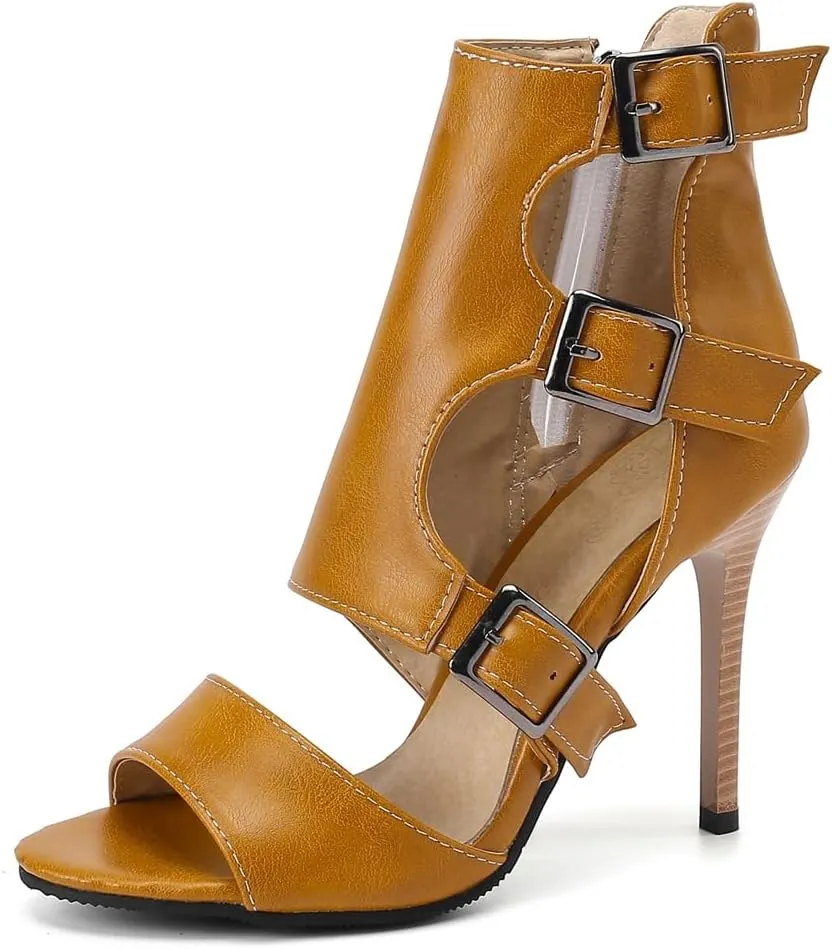 Women's Buckle Ankle Strappy Dressy Heeled Sandals Open Toe Gladiator Side Zip Stilettos High Heel Party Sandal