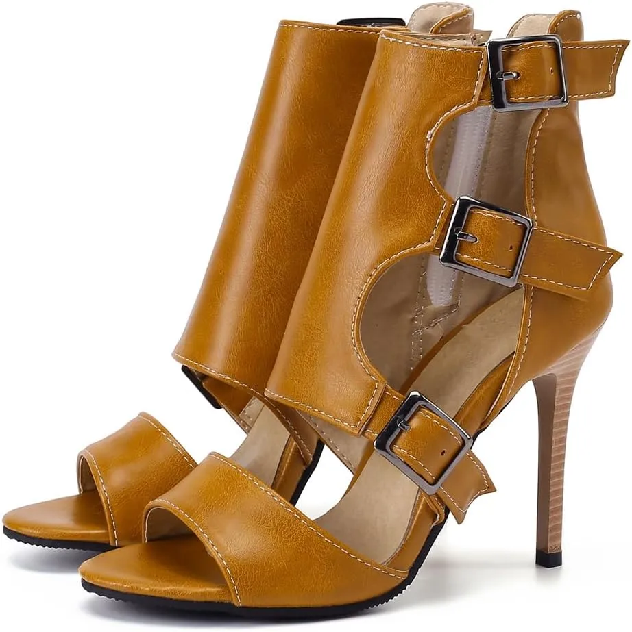 Women's Buckle Ankle Strappy Dressy Heeled Sandals Open Toe Gladiator Side Zip Stilettos High Heel Party Sandal