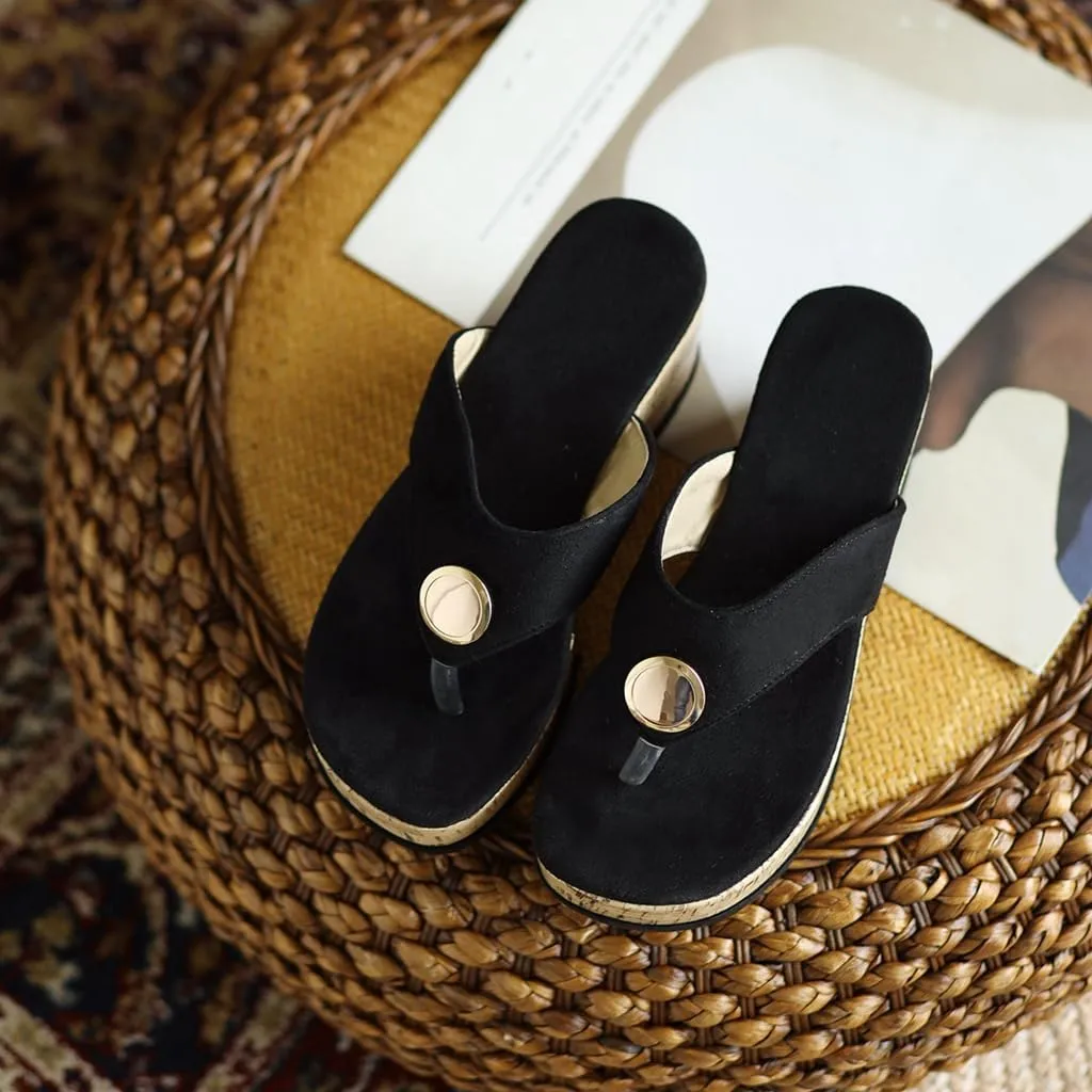 Women's Casual Open Toe Cork Wedge Flipflops Sandals Slip On Metallic Platform High Heel Thong Sandal