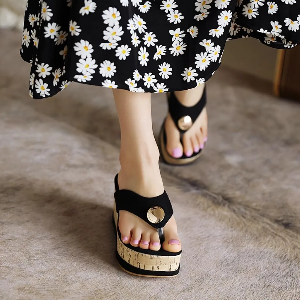 Women's Casual Open Toe Cork Wedge Flipflops Sandals Slip On Metallic Platform High Heel Thong Sandal