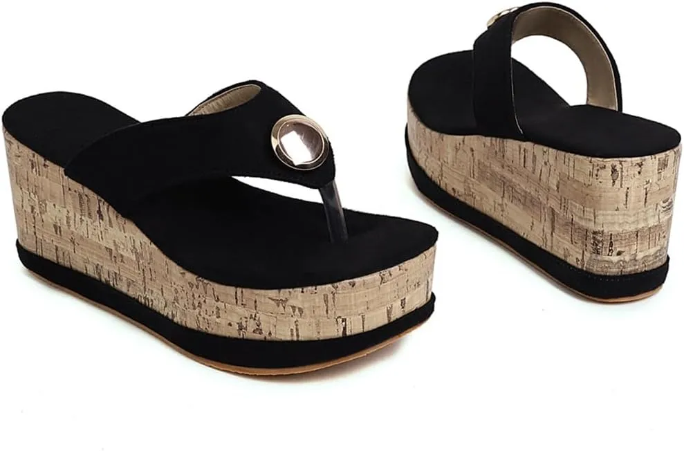 Women's Casual Open Toe Cork Wedge Flipflops Sandals Slip On Metallic Platform High Heel Thong Sandal