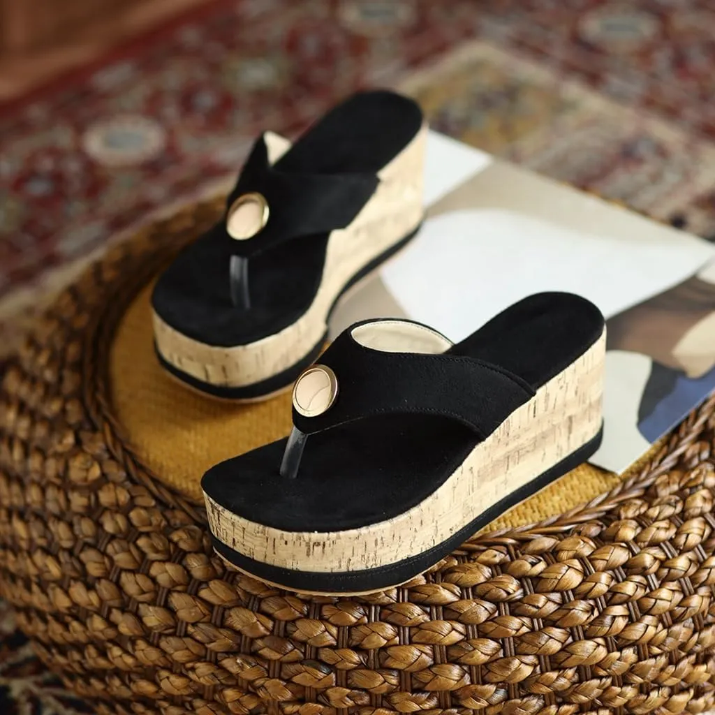 Women's Casual Open Toe Cork Wedge Flipflops Sandals Slip On Metallic Platform High Heel Thong Sandal