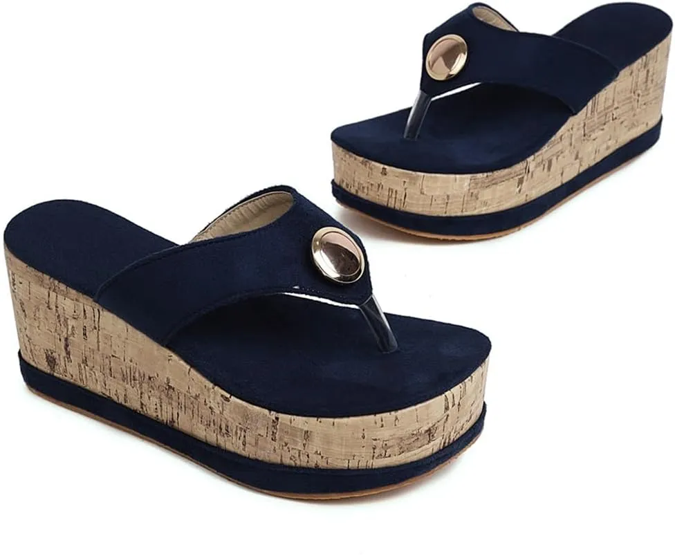 Women's Casual Open Toe Cork Wedge Flipflops Sandals Slip On Metallic Platform High Heel Thong Sandal
