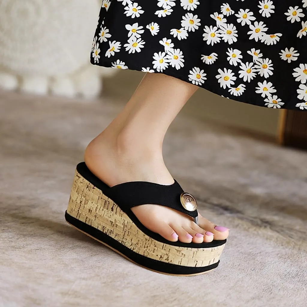Women's Casual Open Toe Cork Wedge Flipflops Sandals Slip On Metallic Platform High Heel Thong Sandal