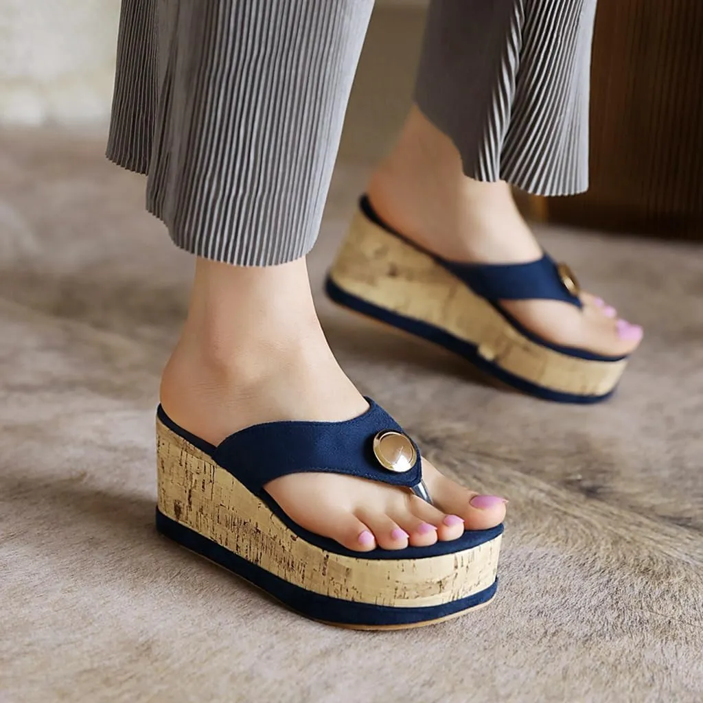 Women's Casual Open Toe Cork Wedge Flipflops Sandals Slip On Metallic Platform High Heel Thong Sandal