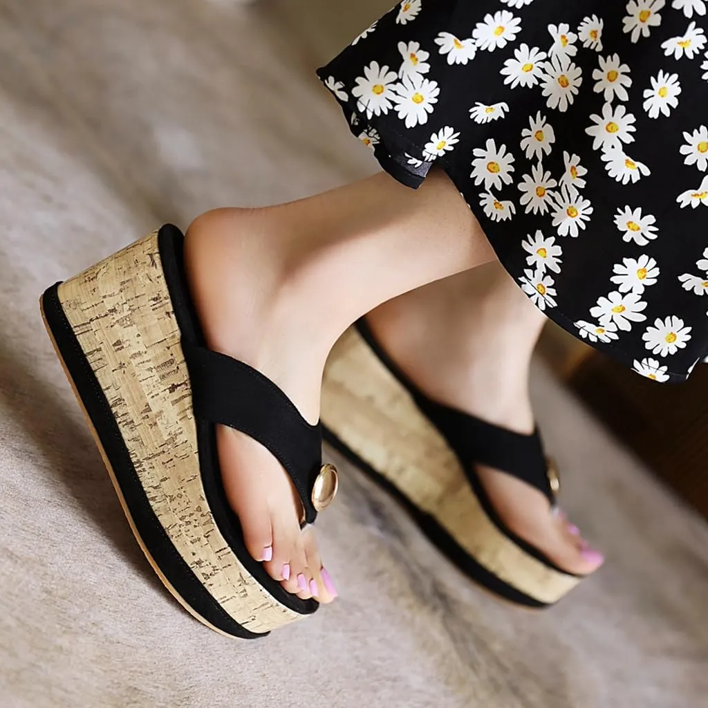 Women's Casual Open Toe Cork Wedge Flipflops Sandals Slip On Metallic Platform High Heel Thong Sandal