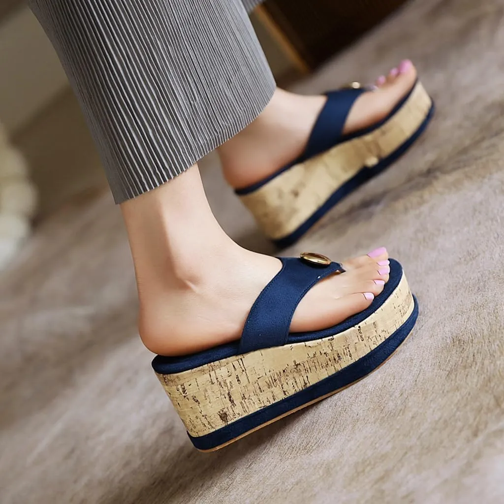 Women's Casual Open Toe Cork Wedge Flipflops Sandals Slip On Metallic Platform High Heel Thong Sandal